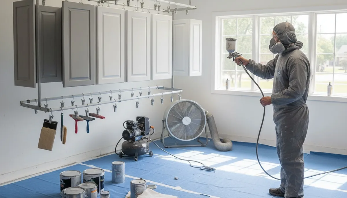 Professional spray cabinet painting process transforming Dayton, OH kitchen cabinets with smooth finishes