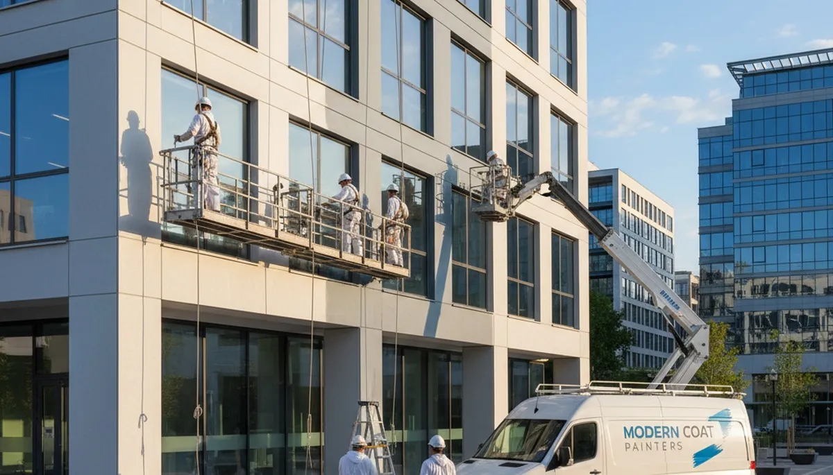Professional commercial painters coating office exterior in Dayton, OH for durable, weather-resistant finish
