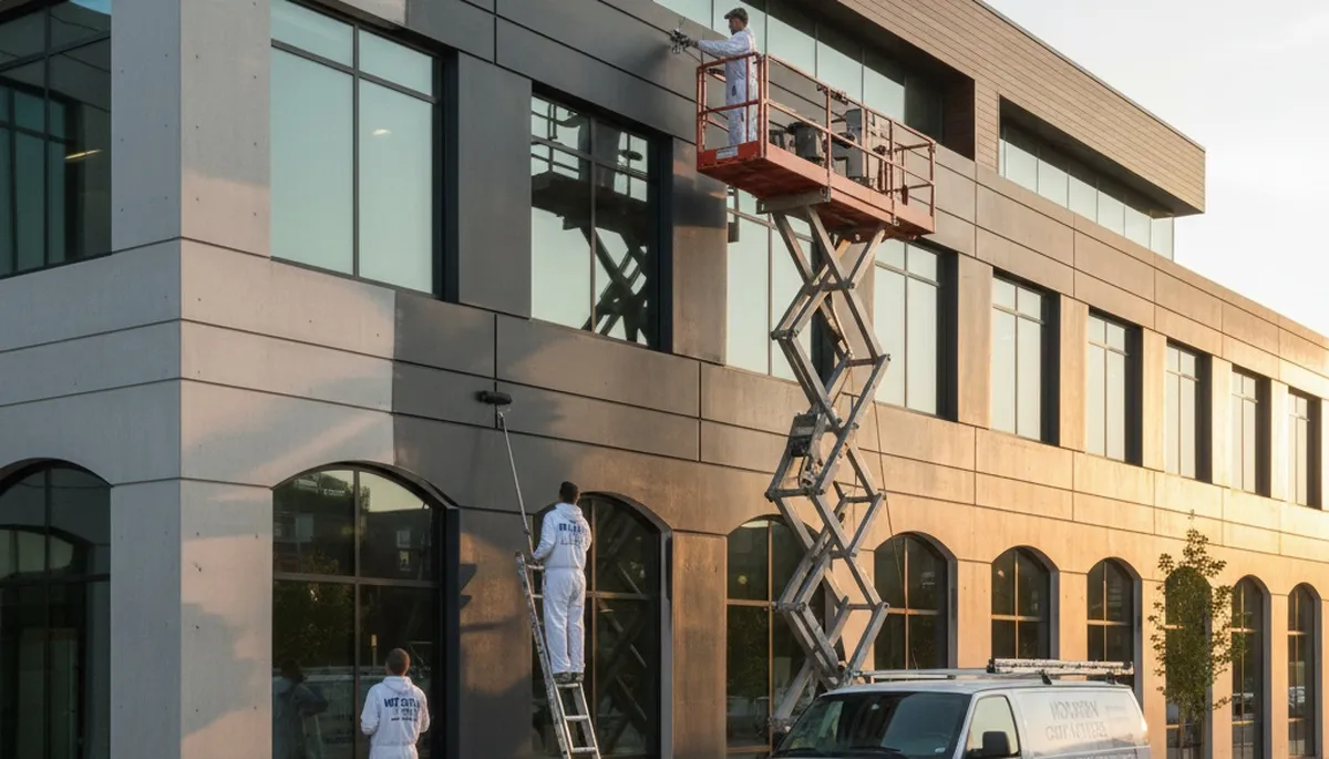 Professional commercial painters coating office exterior in Dayton, OH for weather-resistant finish