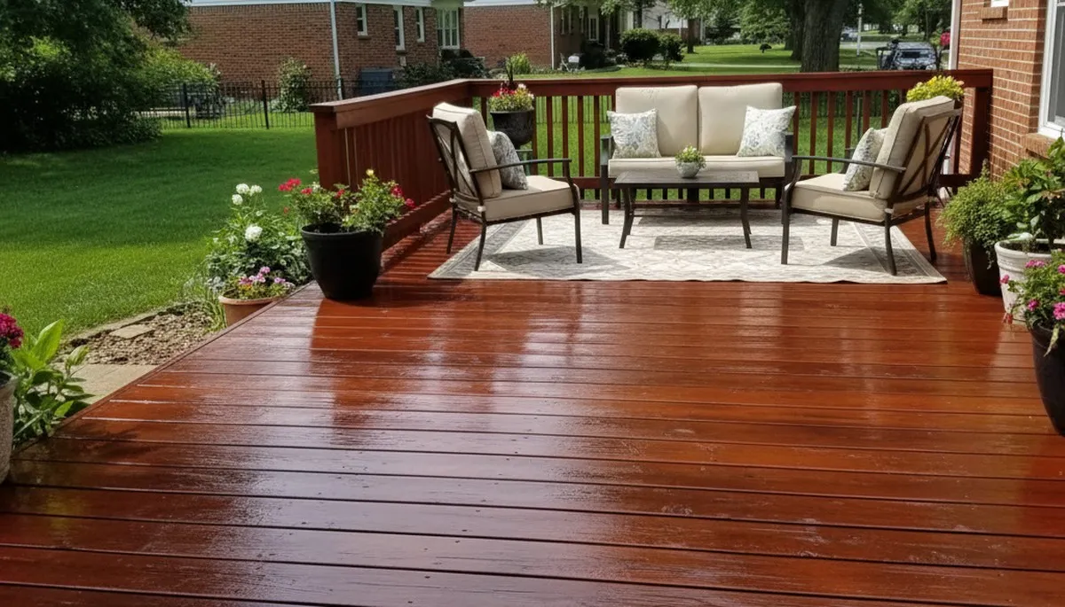 Finished deck staining in Dayton, OH showcasing restored wood, weather protection, and expert painting craftsmanship