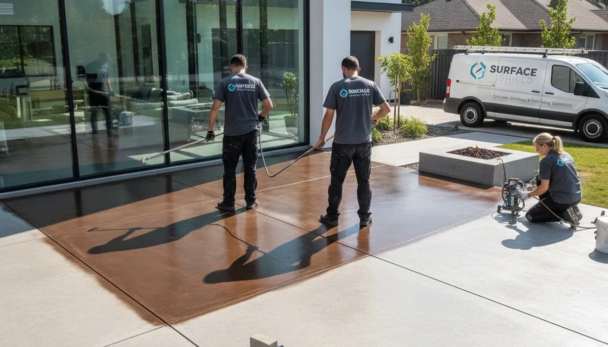 Professional concrete staining on residential patio in Dayton, OH by expert house painters