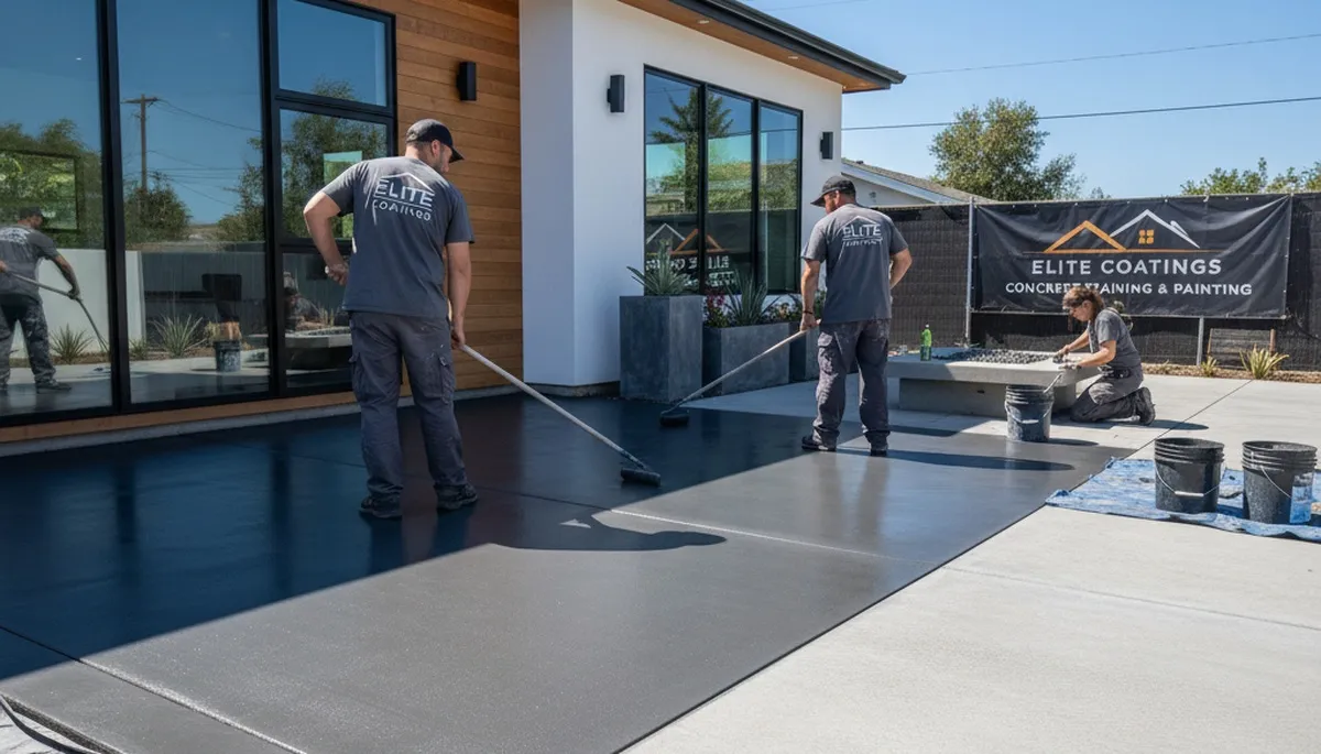 Professional concrete staining on residential patio in Dayton, OH by expert house painters