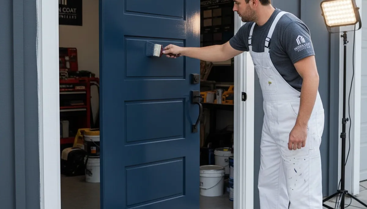 Professional door painters refinishing a front entry door in Dayton, OH for lasting curb appeal