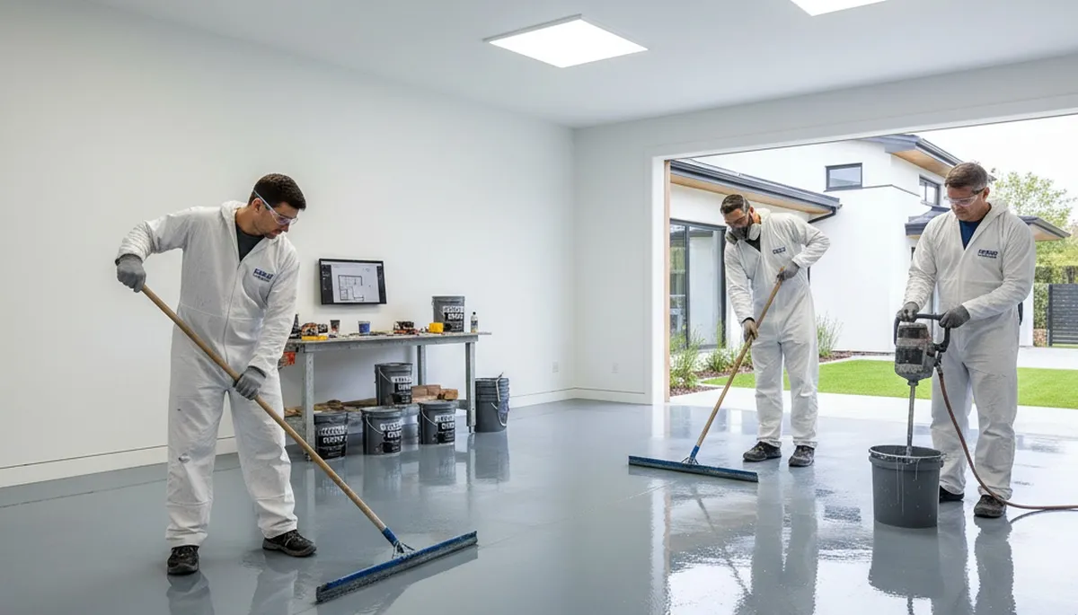 Epoxy floor coating in Dayton OH garage with glossy, durable finish by local professional painters