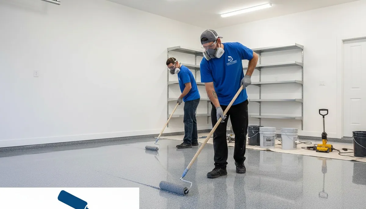 Epoxy garage floor coating application by professional painters in Dayton, OH