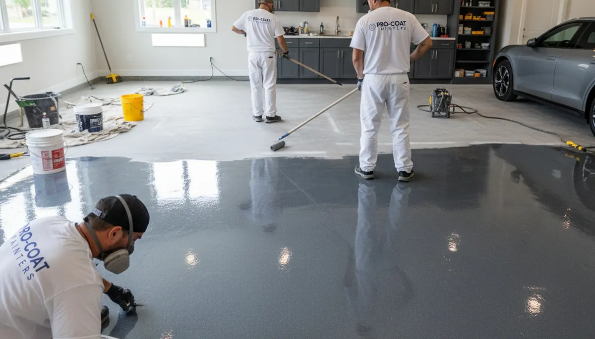 Epoxy garage floor coating installation in Dayton, OH by professional house painters