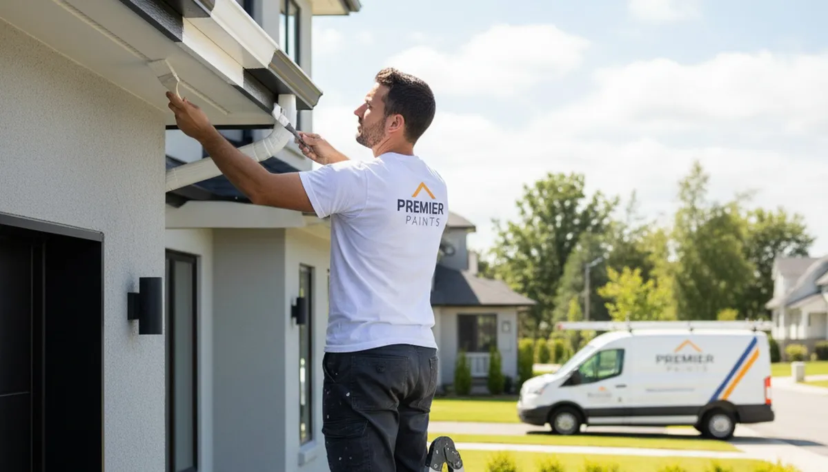 Professional gutter painting on suburban home exterior in Dayton, OH by expert house painters