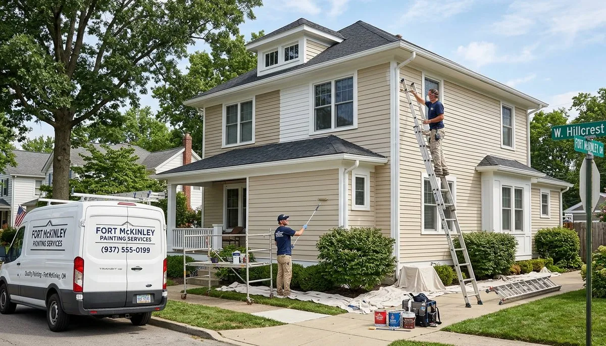 Professional house painters working on residential exterior in Dayton OH
