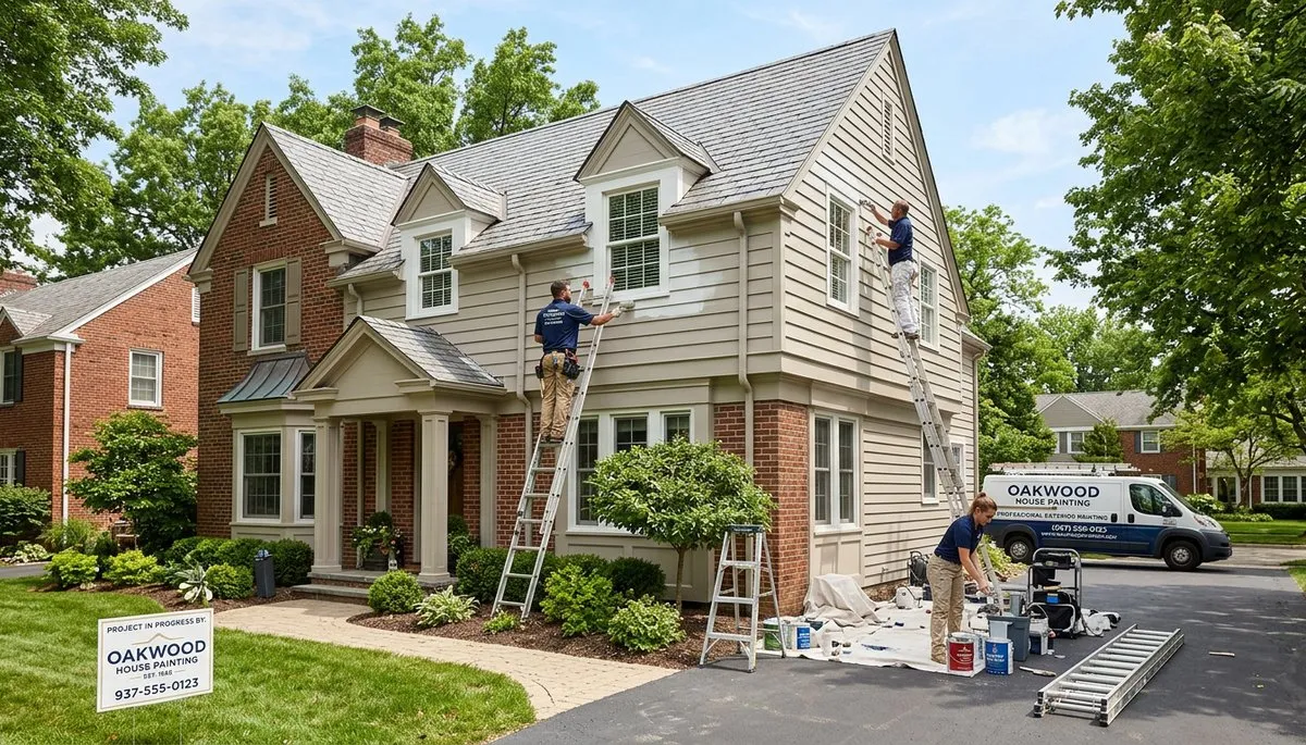 Professional house painters working on residential exterior in Dayton OH