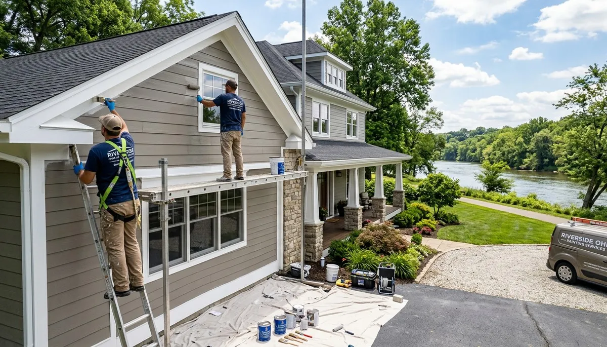 Professional house painters working on residential exterior in Dayton OH