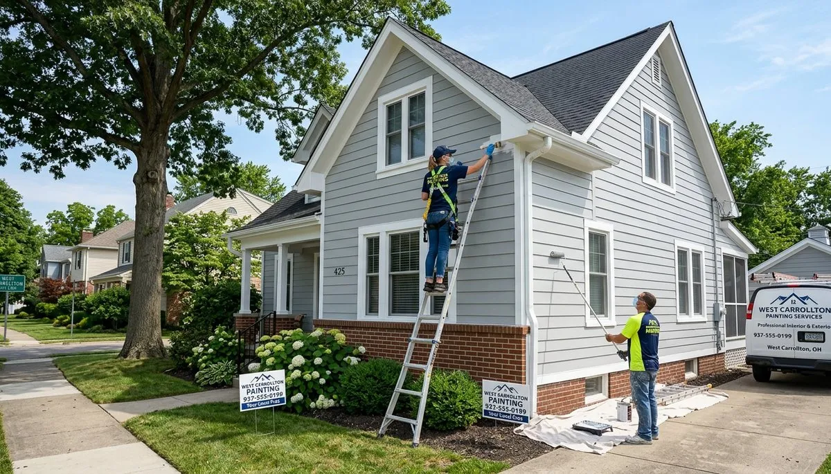 Professional house painters working on a residential exterior in Dayton, OH