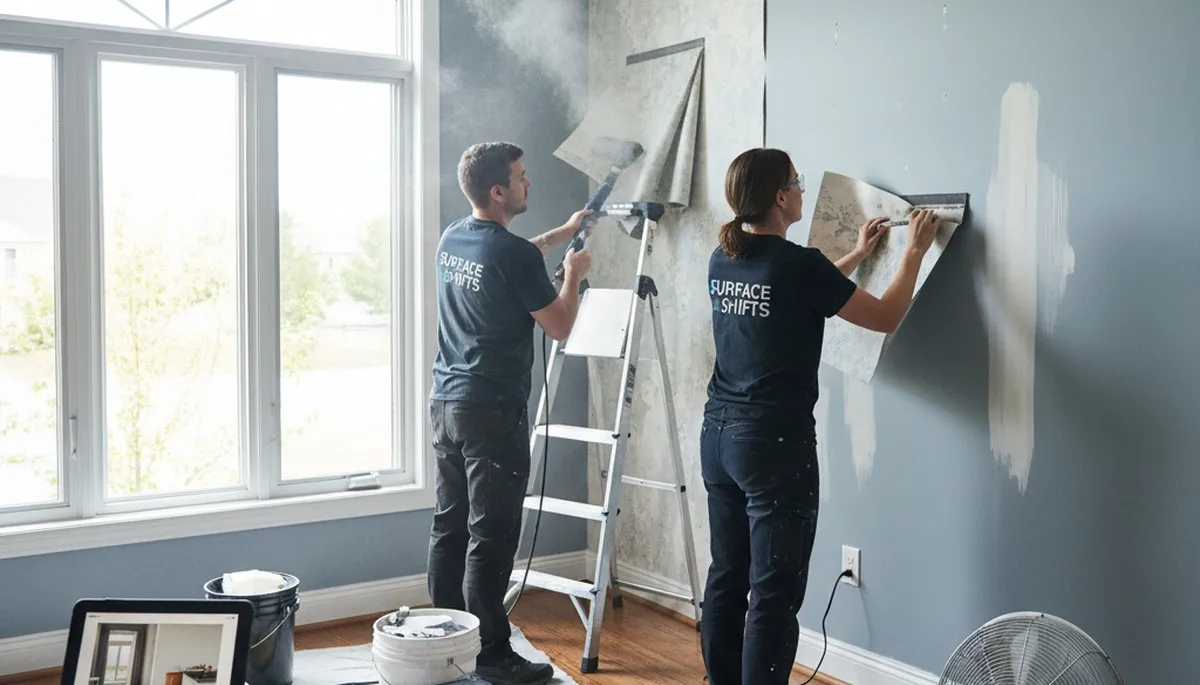 Professional wallpaper removal service preparing walls for painting in Dayton, OH home