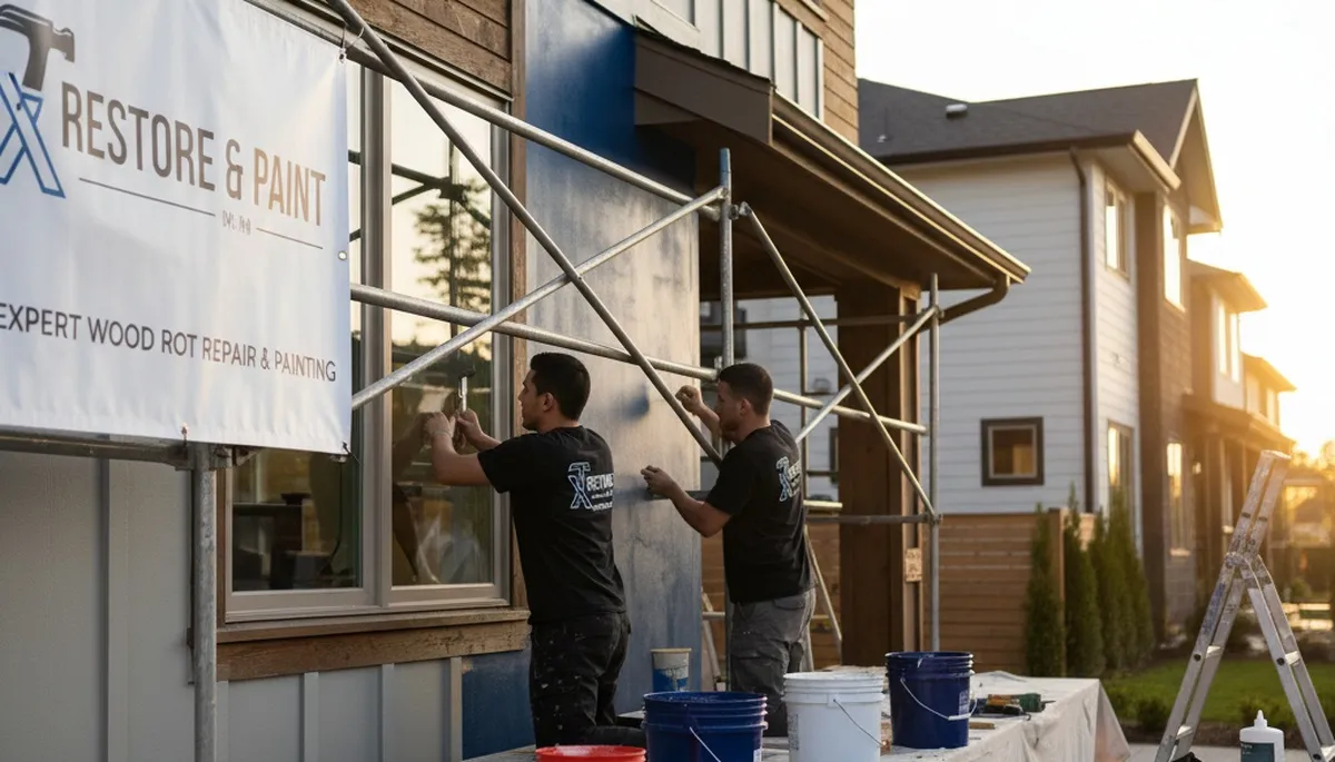 Wood rot repair and exterior painting on home siding in Dayton, OH by professional house painters