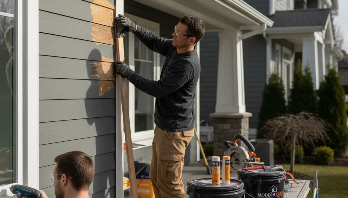 Professional wood rot repair on home siding by Dayton, OH house painters restoring damaged wood